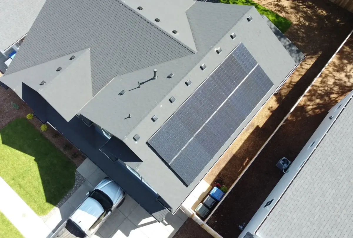 Aerial view of a rooftop solar array