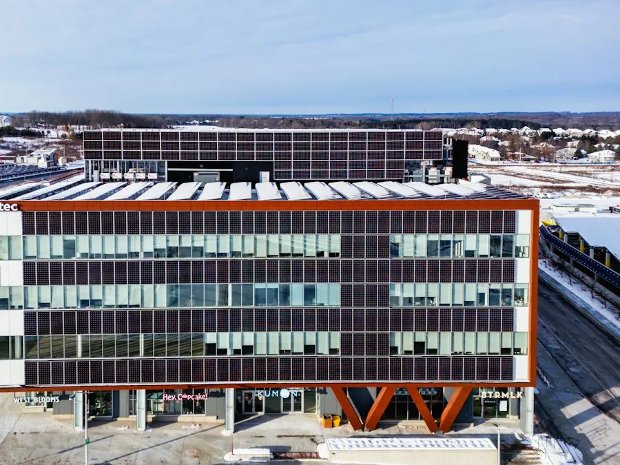 Office building with solar panels on the roof
